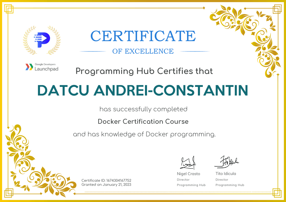 Docker Certification certificate from Programming Hub