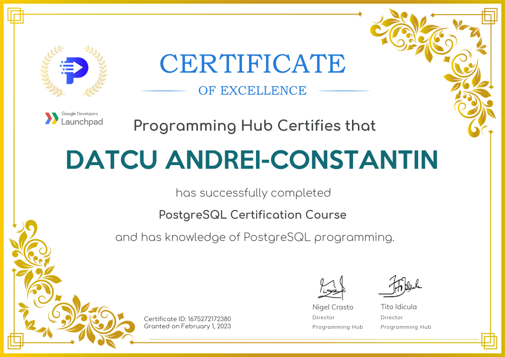 PostgreSQL Certification certificate from Programming Hub